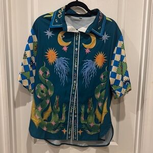 Teal Button Down Shirt And Pants with Artistic Design